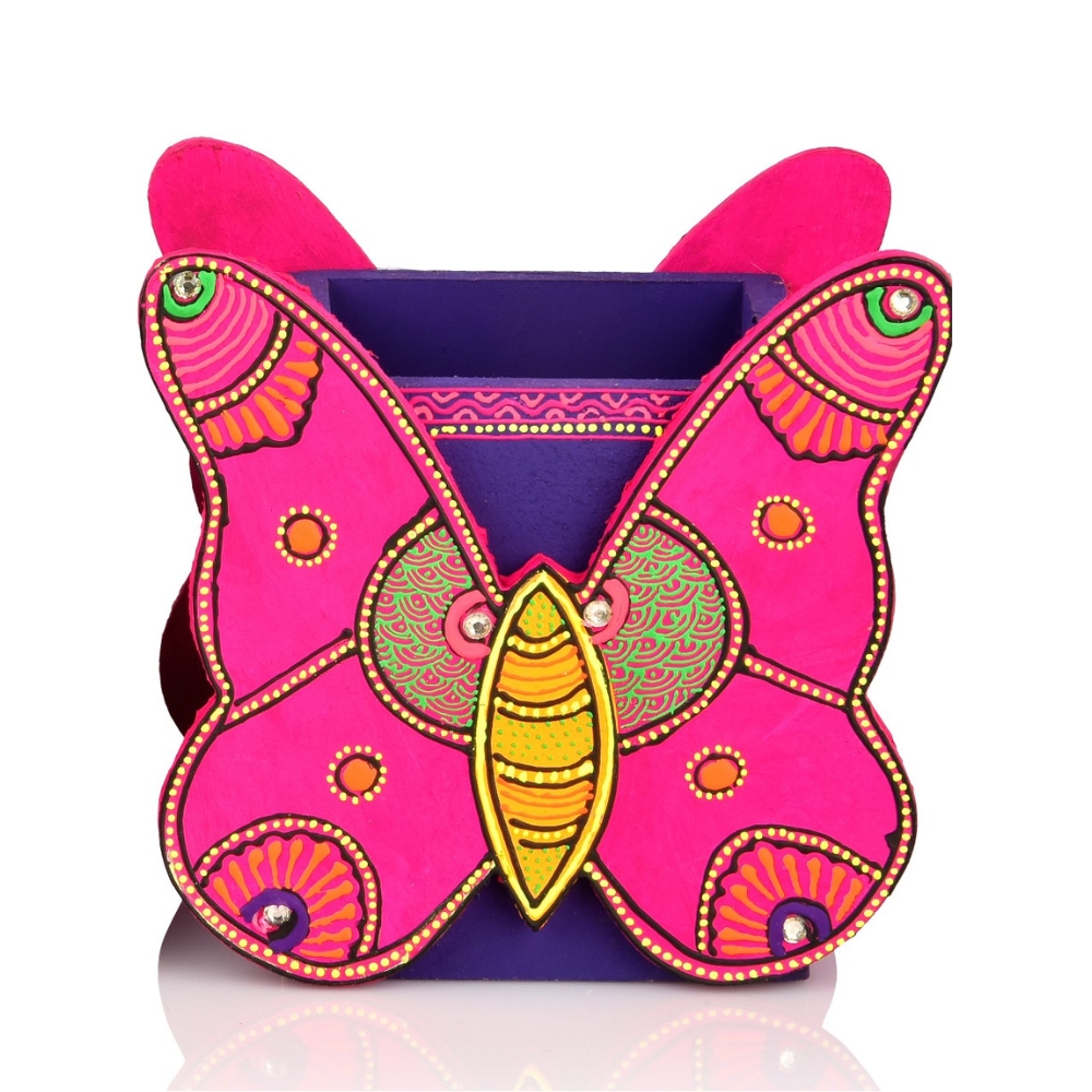 Handcrafted Wooden Butterfly Motif Pen Stand